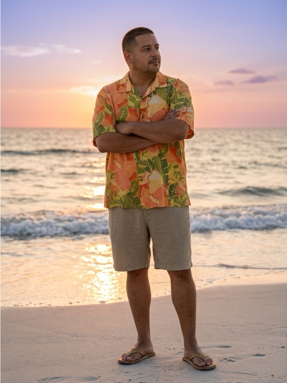 Tommy Bahama Orange and Green 100% Silk Hawaiian Shirt XL